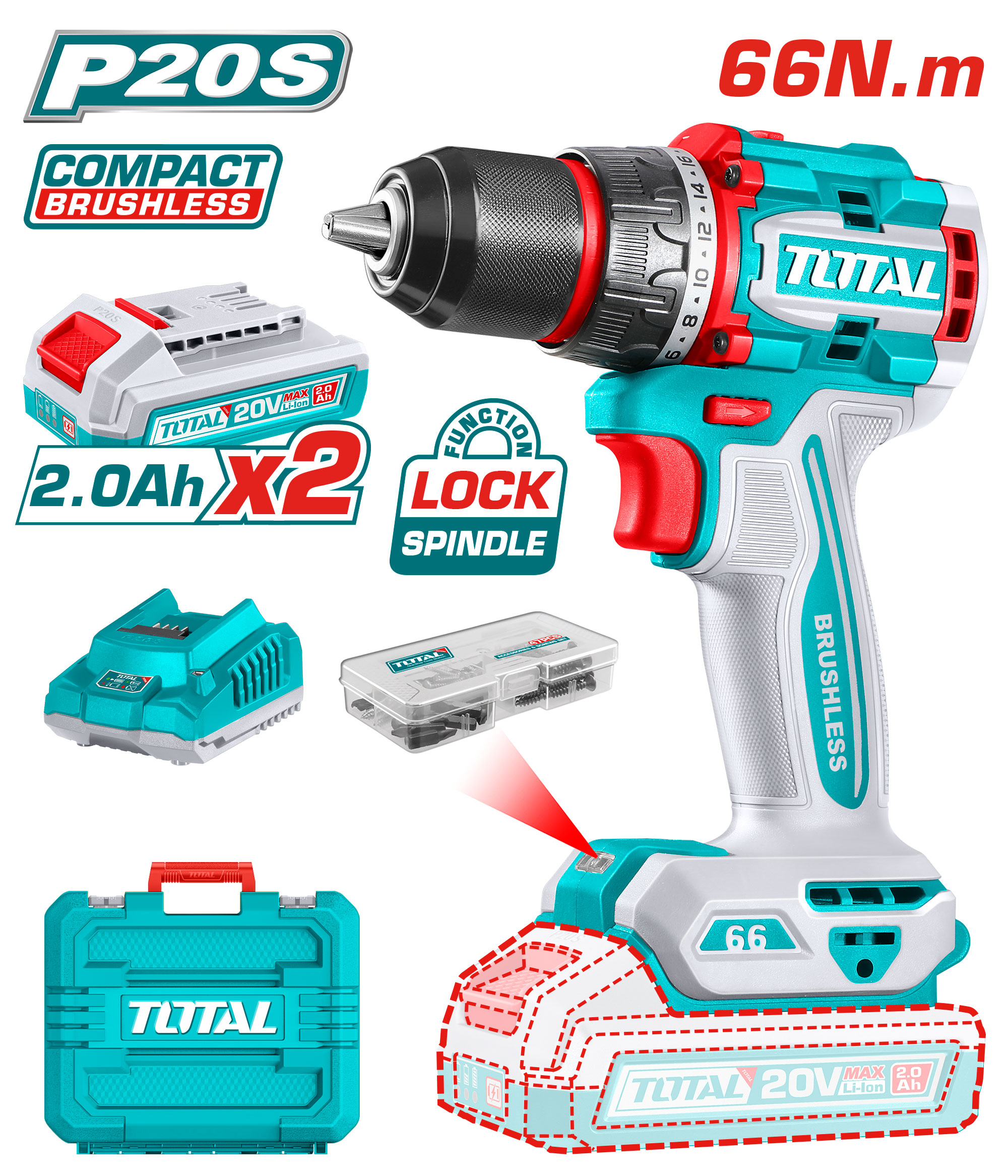 BRUSHLESS CORDLESS DRILL 20 VOLT 66 NM WITH 2 BATTERIES AND CHARGER