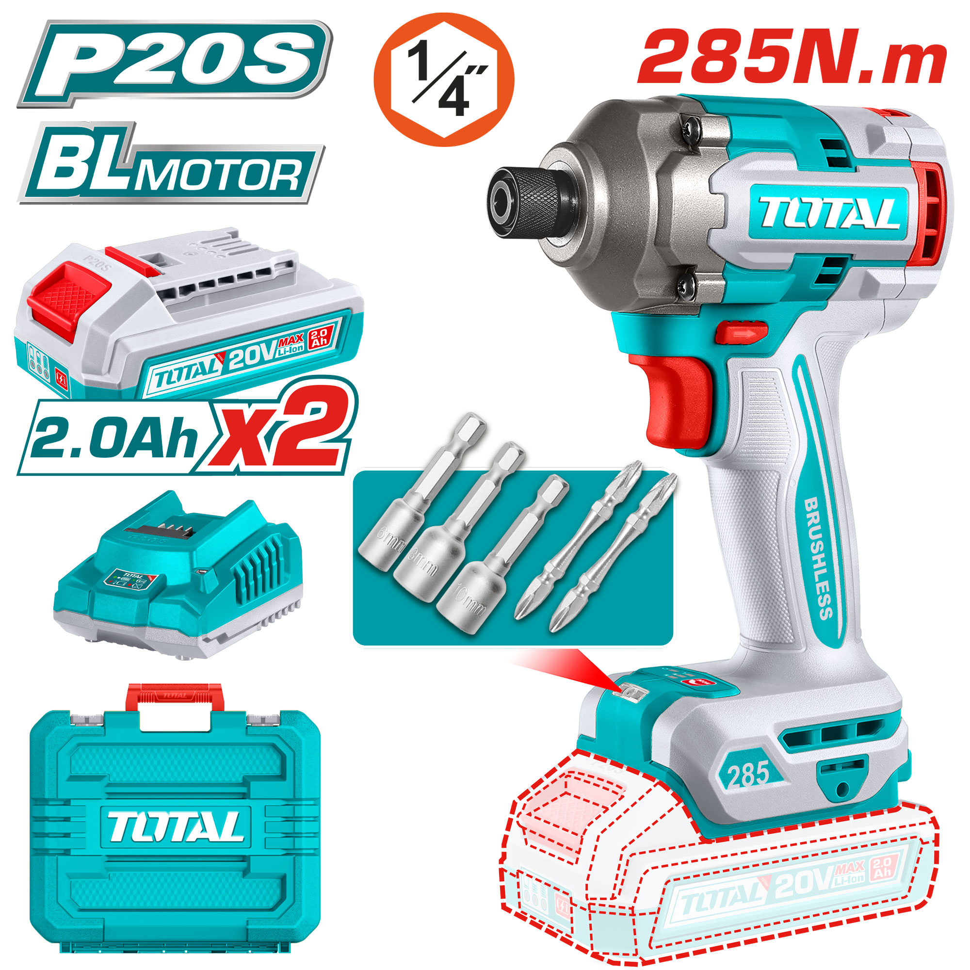 BRUSHLESS CORDLESS IMPACT DRIVER 20 VOLT 285 NM WITH 2 BATTERIES AND CHARGER