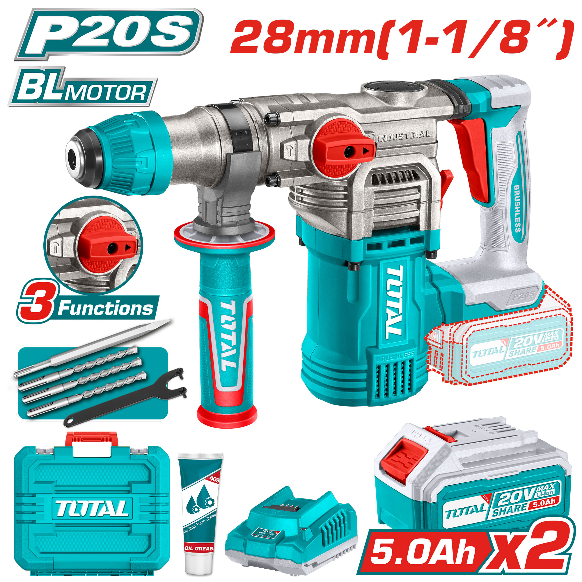 BRUSHLESS CORDLESS ROTARY HAMER 28 ML WITH 2 BATTERIES 5 AMP AND CHARGER
