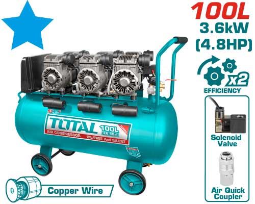 SILENT OIL FREE COMPRESSOR 100 LT 3 HEAD 4.6 HP