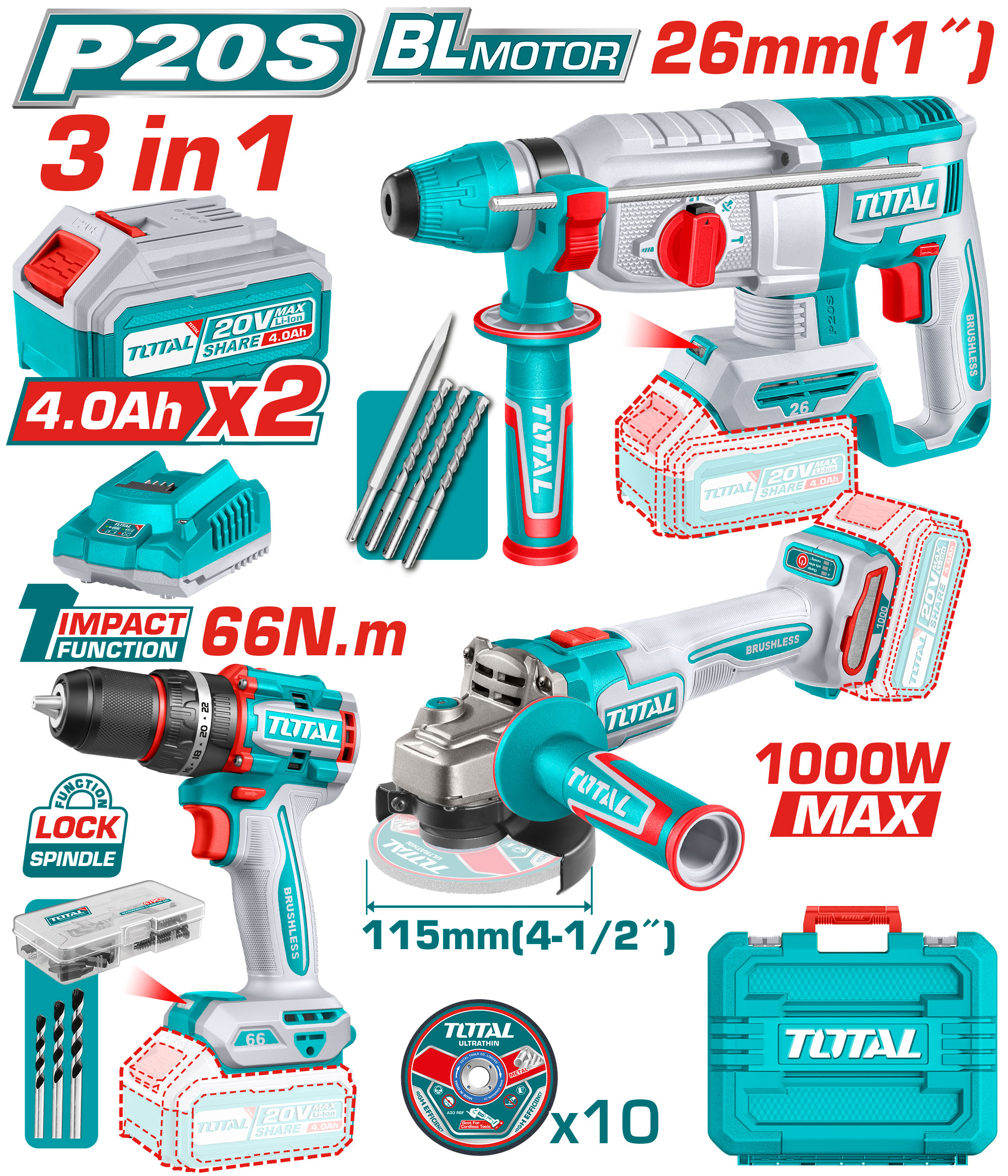 COMBO KIT 20 VOLT 3 PCS (DRILL-GRINDER-ROTARY HAMMER)