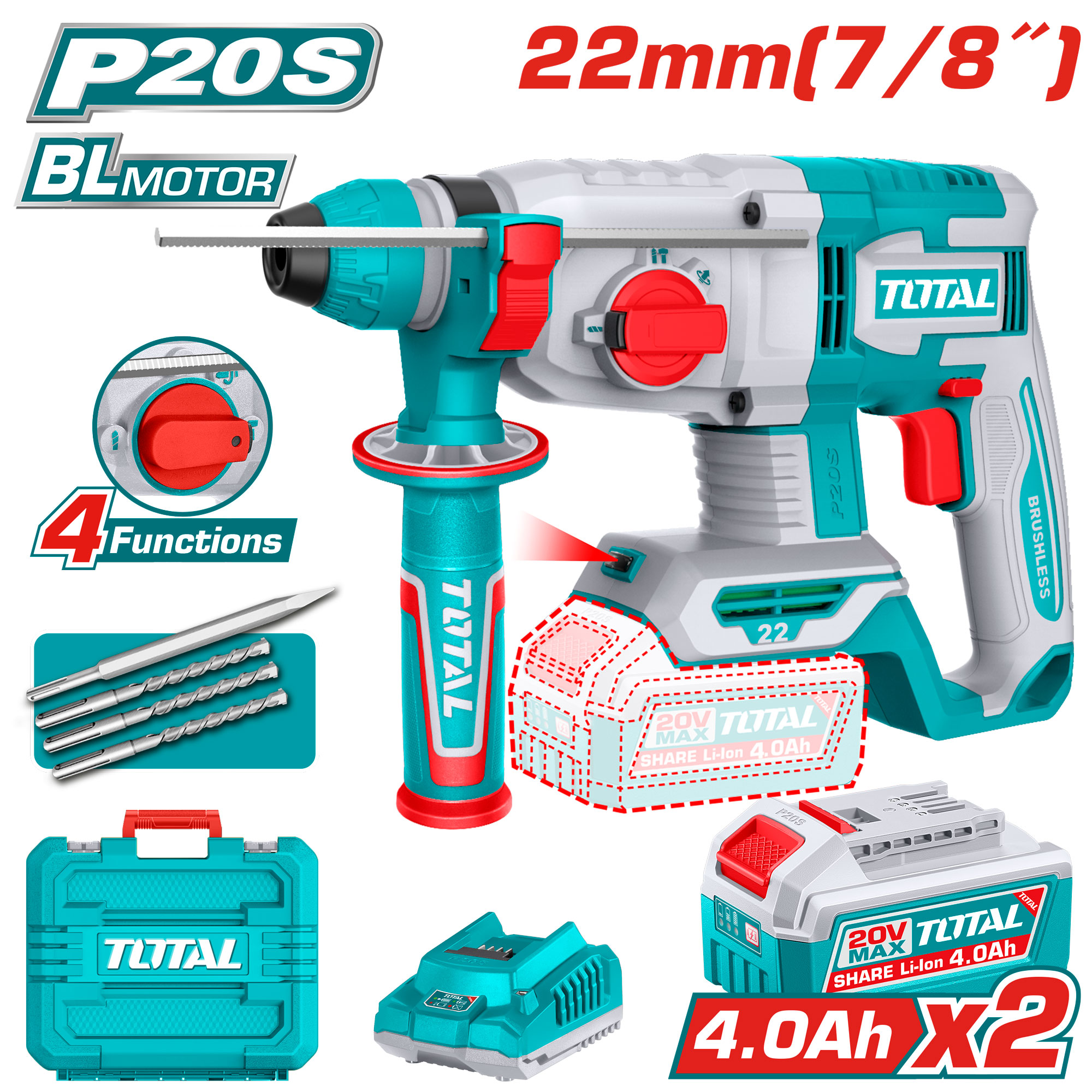 CORDLESS BRUSHLESS ROTARY HAMMER 22 ML WITH 2 BATTERIES 4 AMP AND CHARGER
