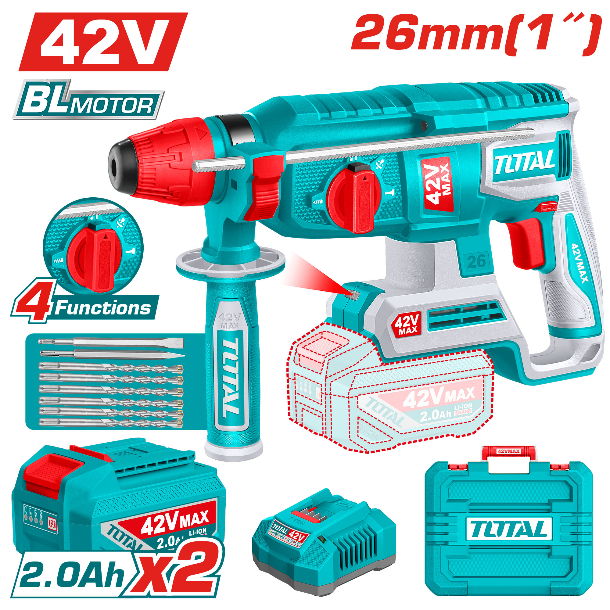 CORDLESS BRUSHLESS ROTARY HAMMER 42 VOLT 26 ML WITH 2 BATTERIES 2 AMP AND CHARGER