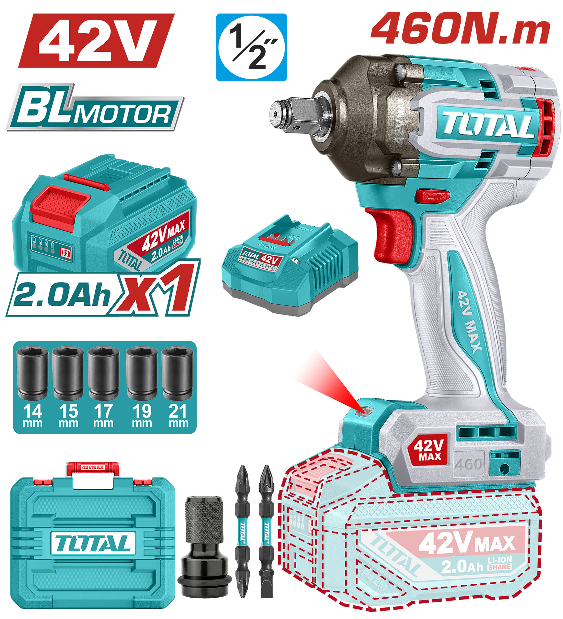 CORDLESS BRUSHLESS IMPACT RENCH 1/2 INCH 42 VOLT 460 NM WITH ONE BATTERY AND CHARGER