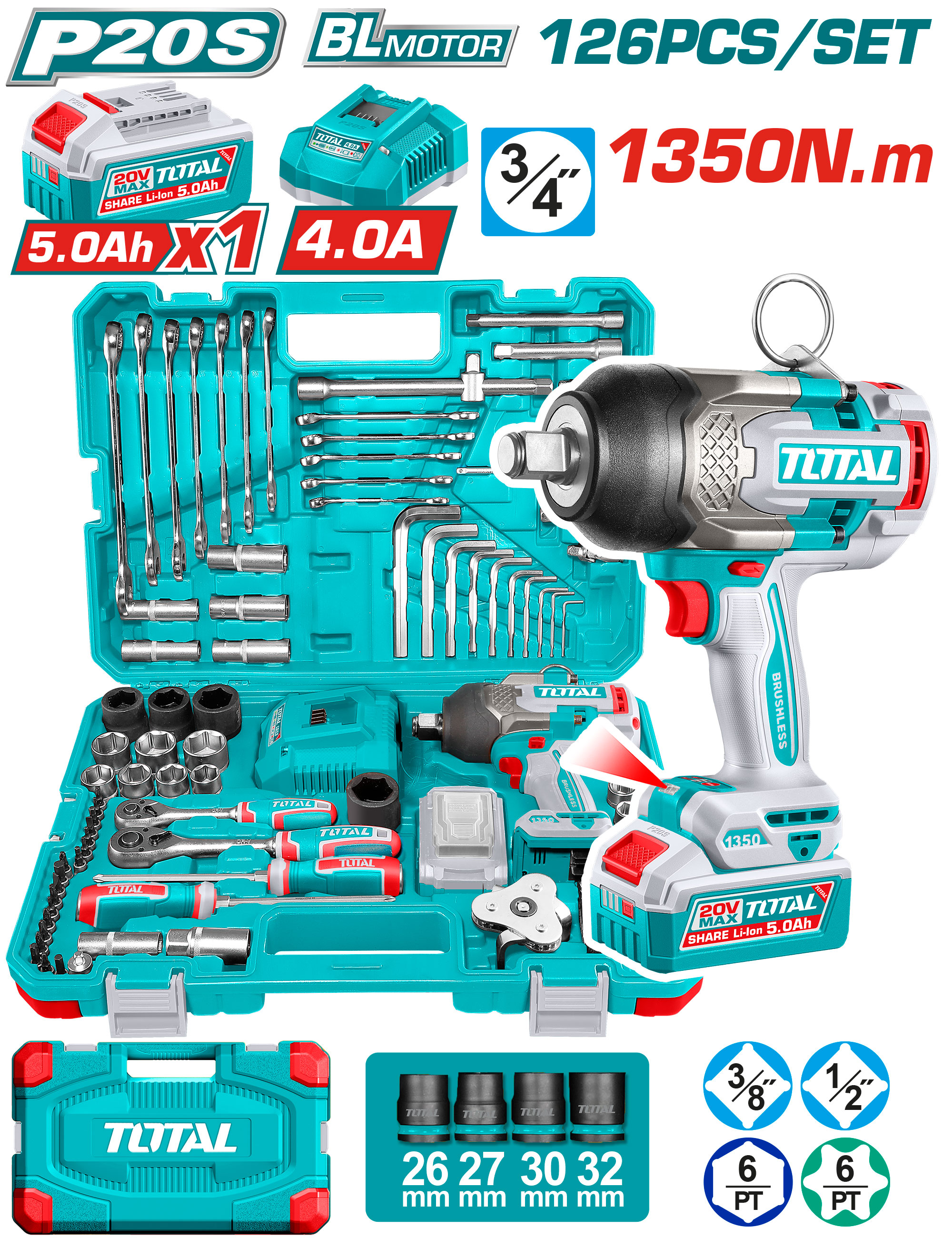 TOOLS SET 126 PCS WITH IMPACT WRENCH 3/4 INCH 1350 NM
