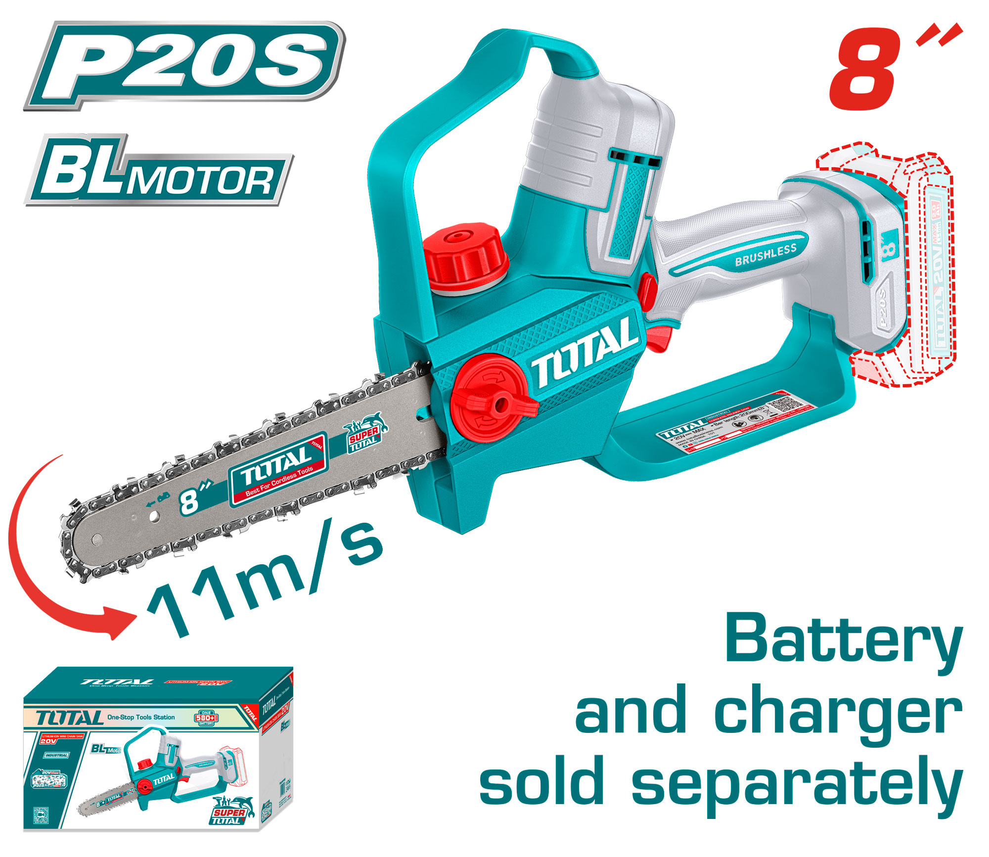 CORDLESS CHAIN SAW 8 INCH 20 VOLT WITHOUT BATTERY AND CHARGER