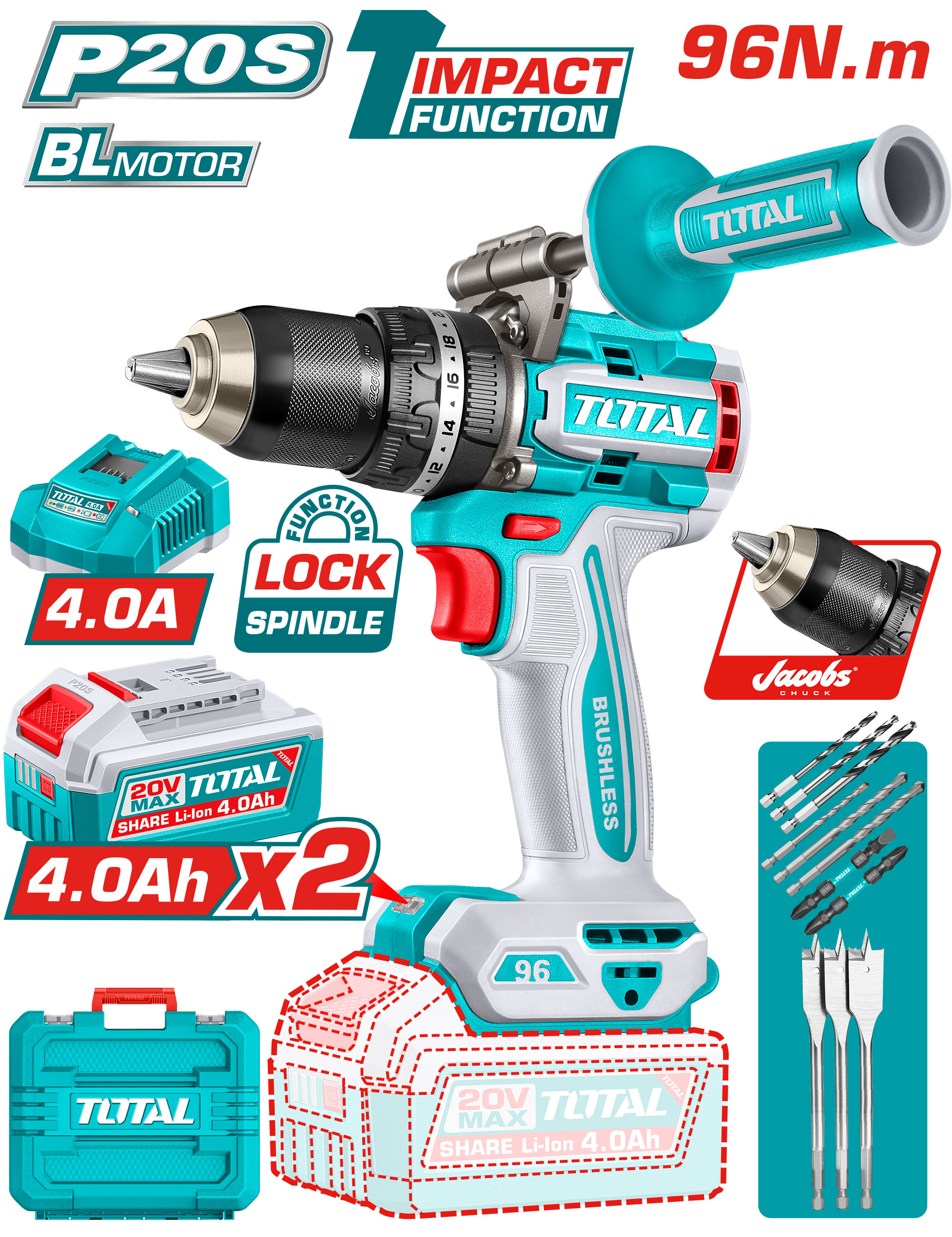 IMPACT CORDLESS DRILL 96 NM WITH 2 BATTERIES 4 AMP AND CHARGER
